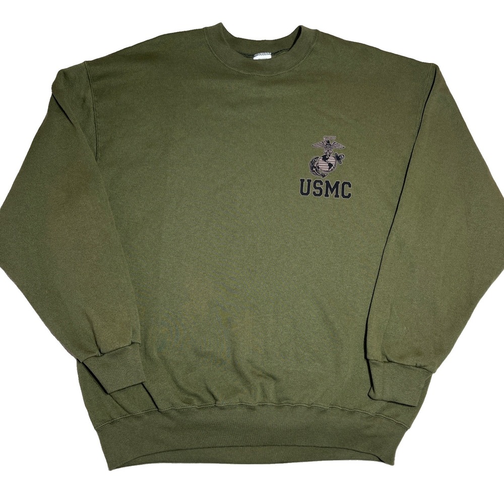 USMC Sweatshirt VTG Mens PT Large Green Marines Crewneck Made in USA Military